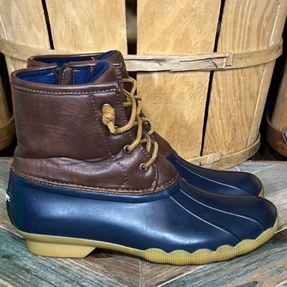 Sperry Saltwater Navy Brown Leather Rubber Waterproof Duck Boots Girls Size 5 - Picture 1 of 12